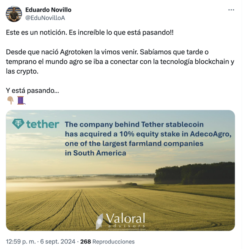 El cofundador de Agrotoken confirmó la inversión de Tether a AdecoAgro. 